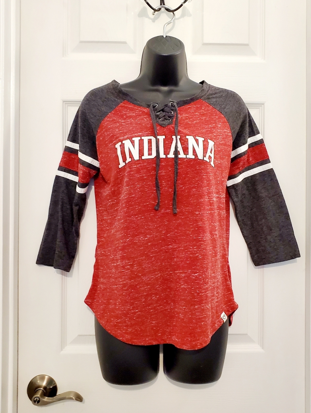 Women's Indiana University Lace-Up Raglan Tee - Crimson & Charcoal Small
